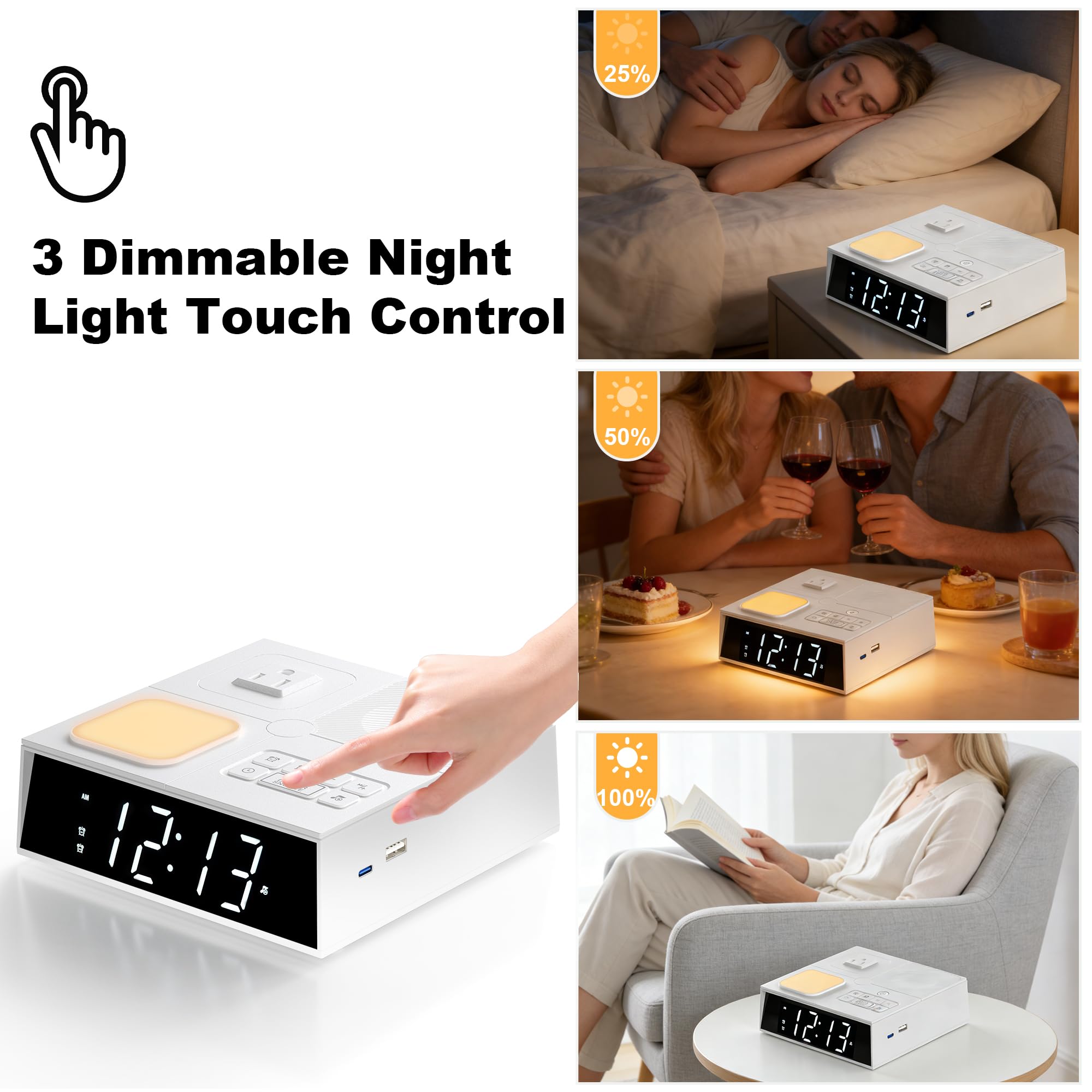 Sveglia con caricatore USB e prese AC, orologio digitale per chi dorme pesante, adulti, bambini e ragazzi, stazione di ricarica da comodino (luce notturna e musica per dormire)
