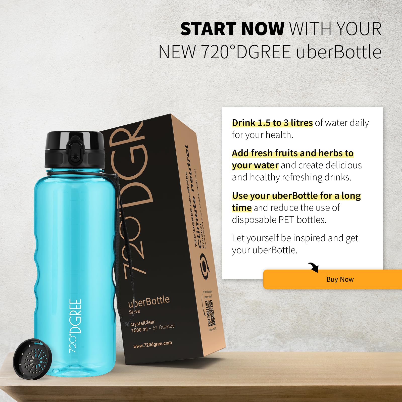 720°DGREE Water Bottle 1.5l “uberBottle“ crystalClear +Sieve, BPA-Free, Leakproof, Reusable Drinking Bottle - Image 6
