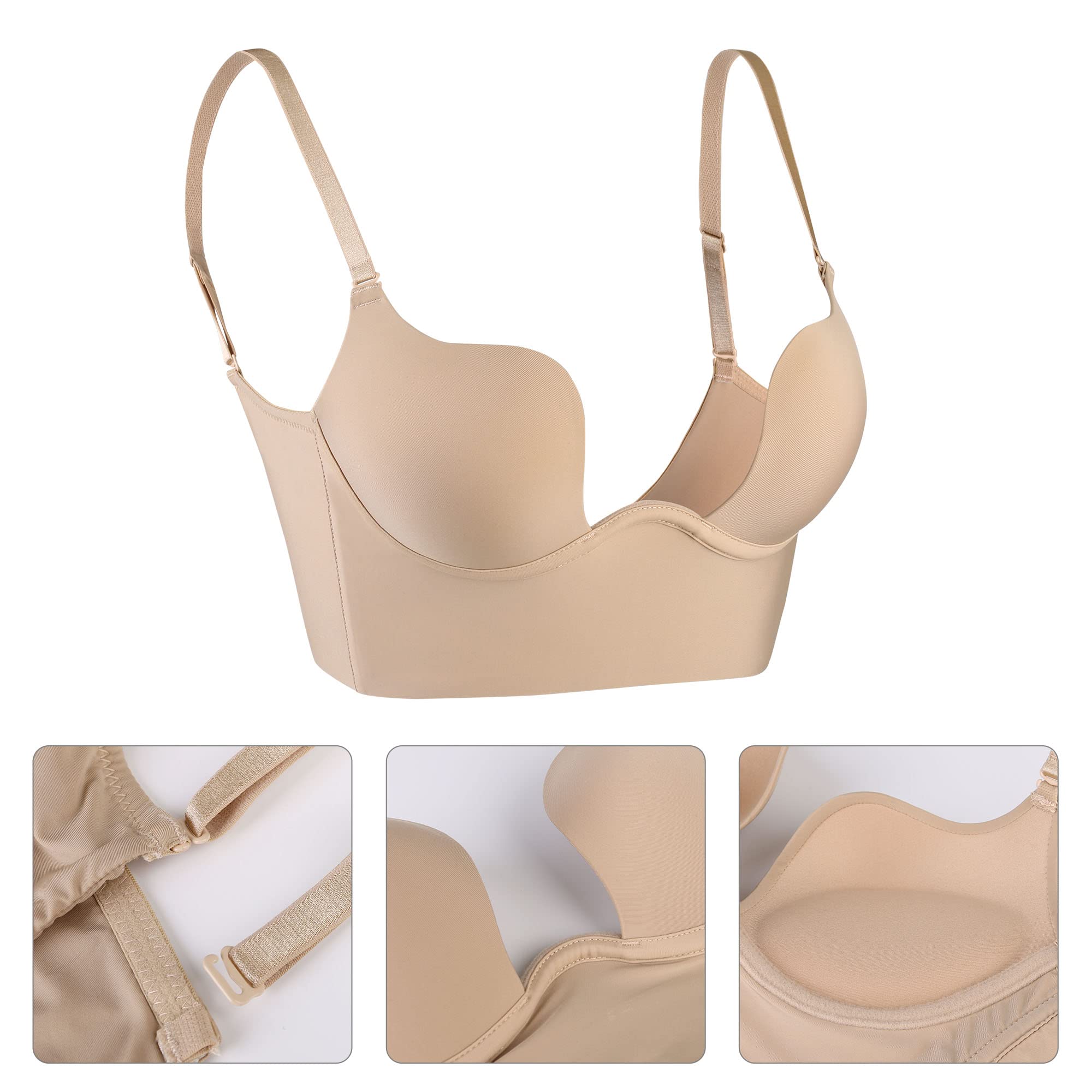 Lemorosy Reggiseno da donna con profondo scollo a V, convertibile, push-up, schiena bassa, sexy, a forma di U, con imbottitura sollevabile