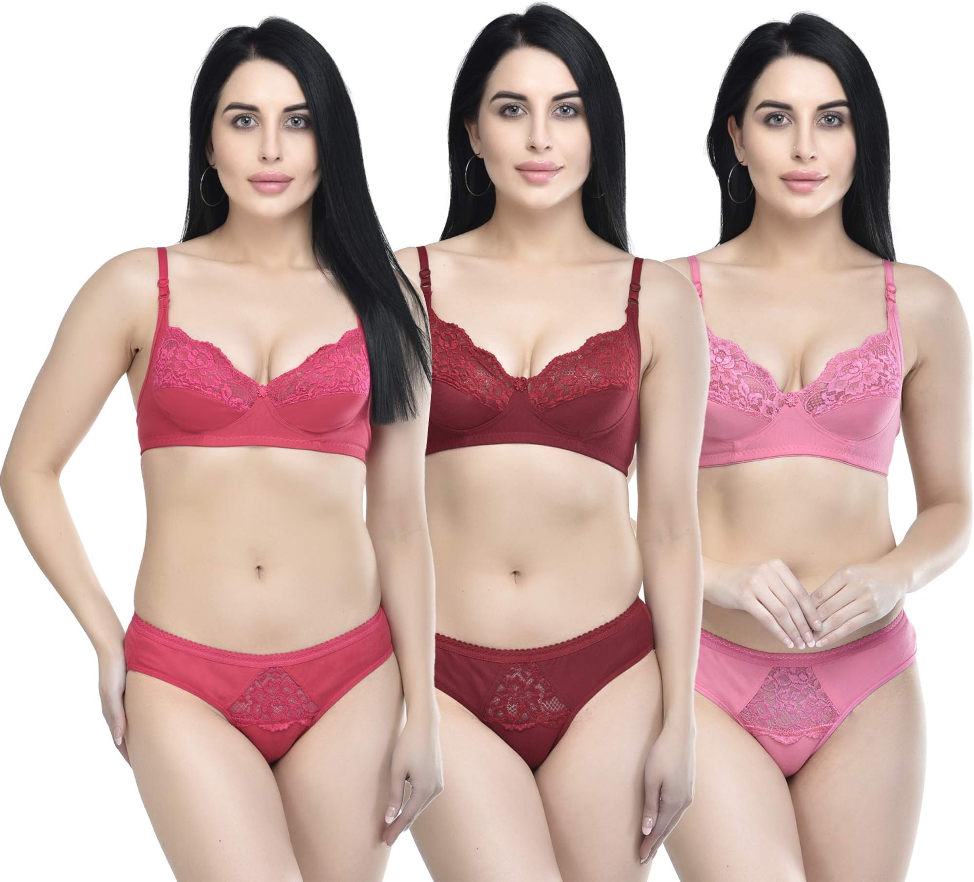 SPUNNWomenโs Cotton 3 Bras, 3 Panty Set, Sexy Lingerie for Honeymoon