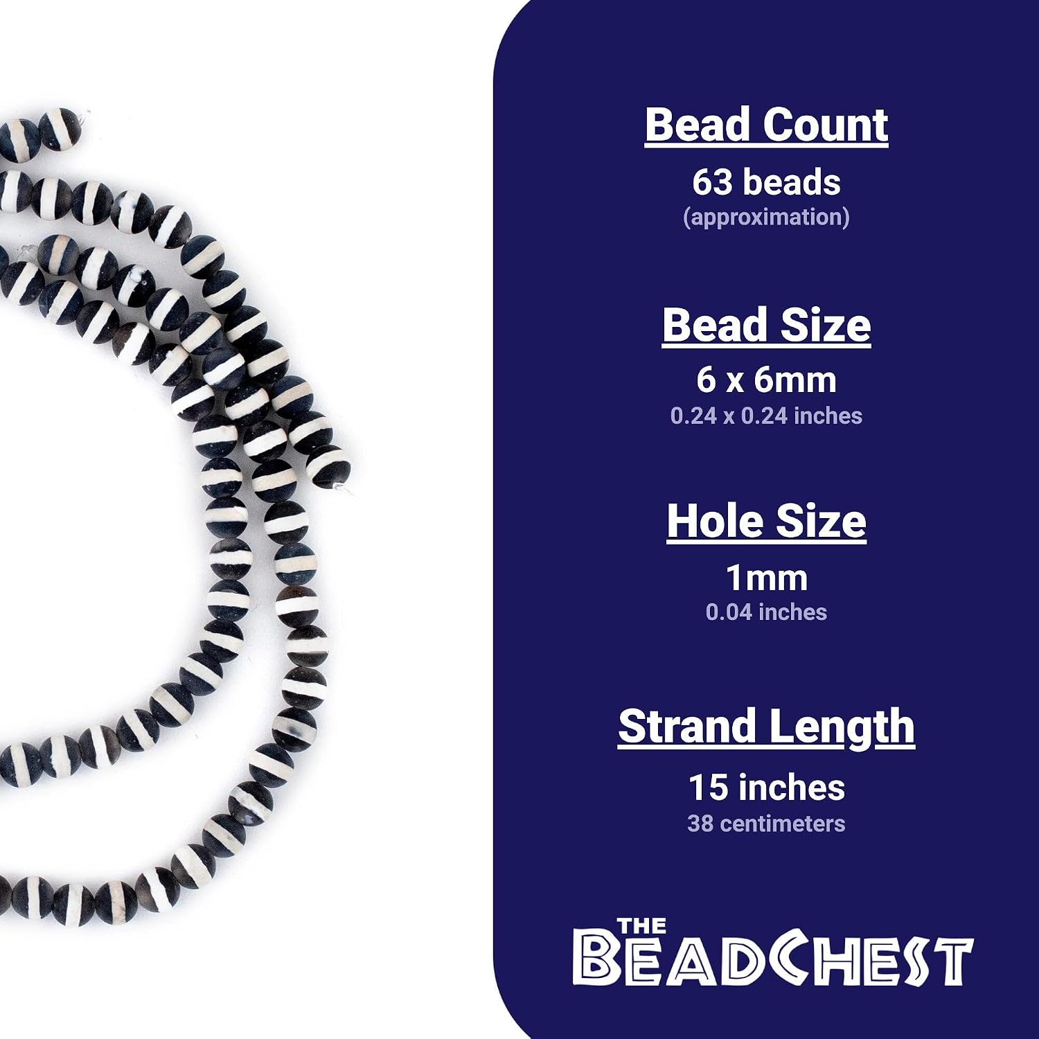 The Bead Chest Black & White Striped Dzi Agate Beads 6mm Black and White Round Gemstone 15 Inch Strand