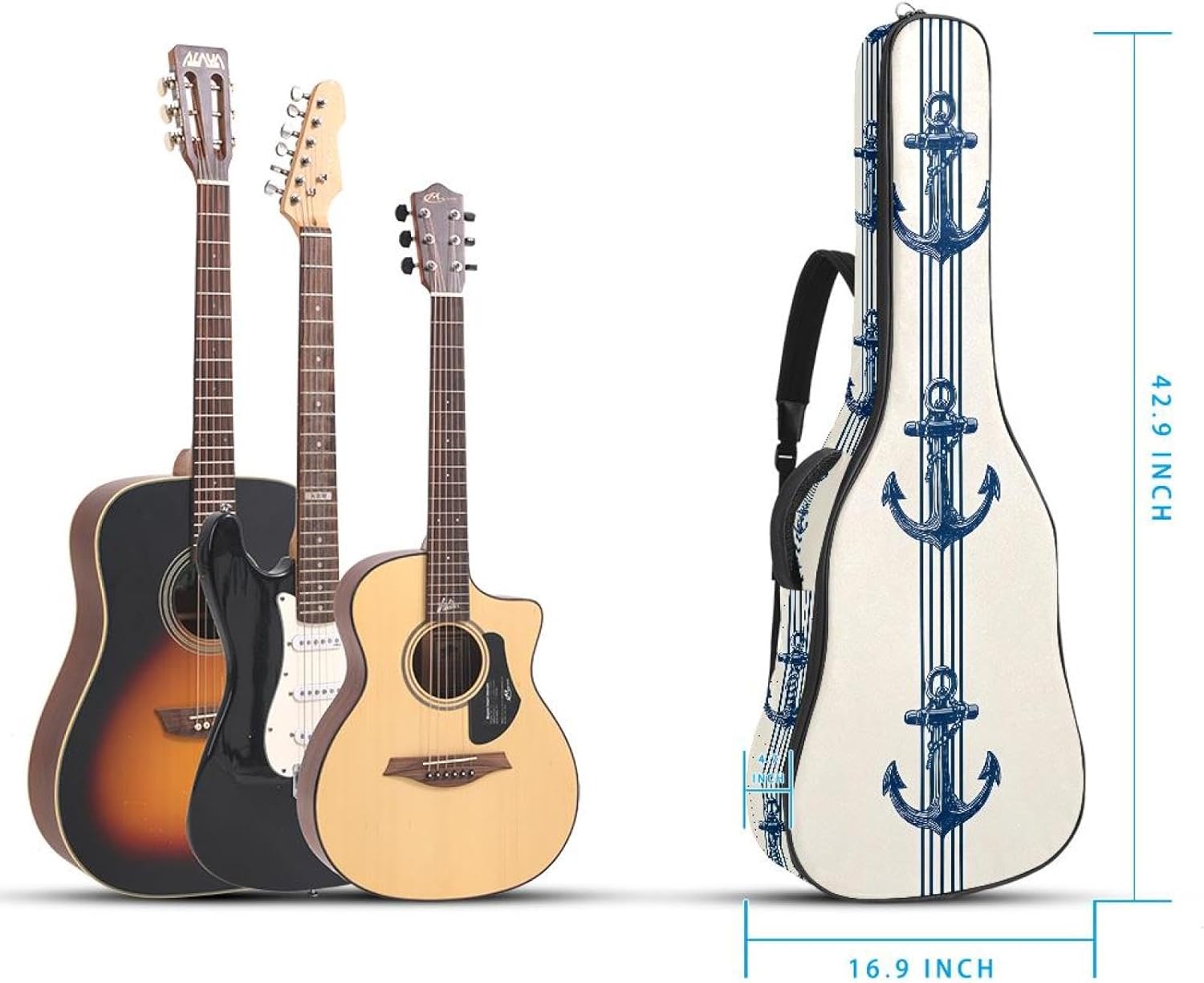 40 41 42 Inch Acoustic Guitar Bag, 0.4 In Thick Sponge Padded Guitar Case Gig Bag with Back Hanger Loop and 2 Pockets, Seamless Anchors and Stripes on Beige Background