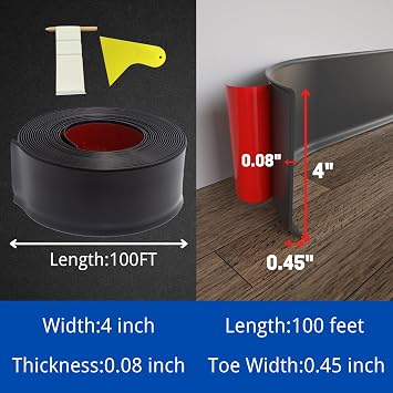 COUKIU Flexible Baseboard Molding Trim, 4 Inch x 100 Feet Self-Adhesive Vinyl Wall Base Cove Base, Peel and Stick Rubber Wall Base Moulding Trim(S100, Black)