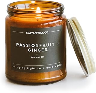 Soy Wax Candle, Passionfruit + Ginger Scented Candle, 57 Hour Burn Time, Aromatherapy Soy Candles, Non Toxic & Vegan Soy Wax, Amber Glass Jar Scented Candles, 7.2oz