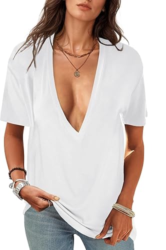 UNCLECAT Womens Deep V-Neck T Shirts Sexy Short Sleeve Tops