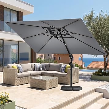 HOMSHADE 9x12 FT Cantilever Patio Umbrella with Base Included, Large Rectangular Offset Outdoor Umbrella, 360Rotation Heavy Duty Aluminum Pool Umbrella, 6 Tilts, 3-Year Fade Resistant for Deck, Grey