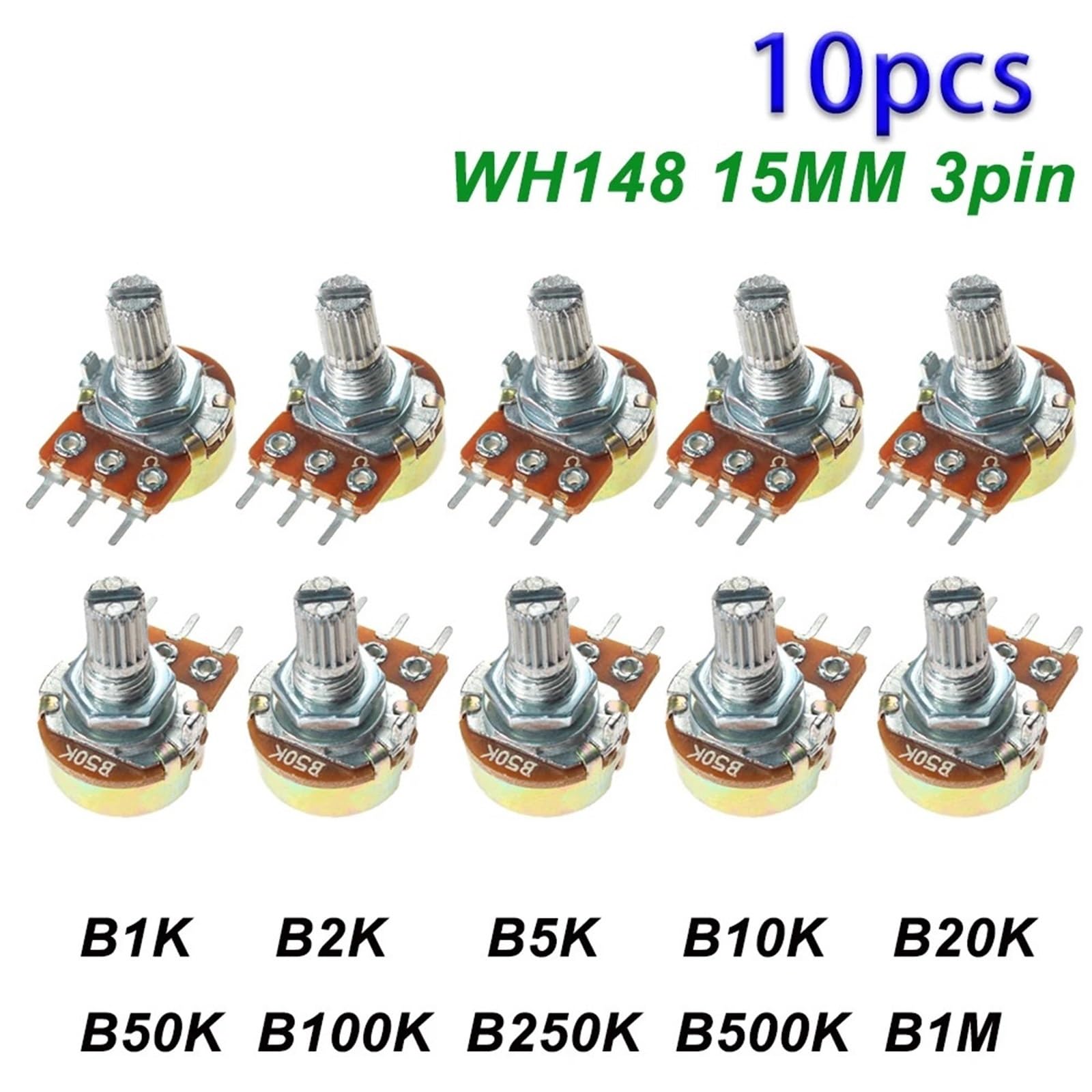 Potenziometro lineare WH148 da 15 mm a 3 pin con dadi e rondelle 1K 2K 5K 10K 500K 1M kit potenziometri 10 pezzi (10K Ohm)