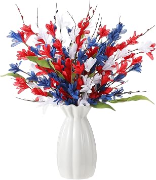 Tigeen 4 Pcs Red White Blue Flower Picks, 250th Anniversary Patriotic Floral Centerpieces for 4th of July, Memorial Day American Flag Day Home Party Decor