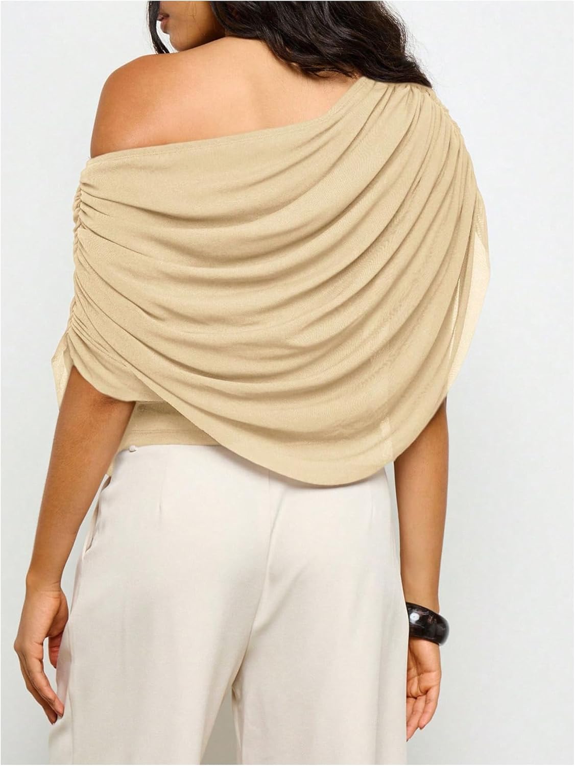 SweatyRocks Women's Off The Shoulder Tops Ruched Draped Mesh Asymmetrical Top Short Sleeve Going Out Shirts - Image 3