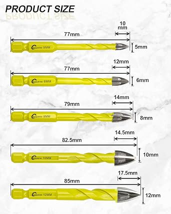 Masonry Carbide Drill Bits Set - 5pcs 5/6/8/10/12mm Tungsten Carbide Tip with Quick Change Hex Shank for Wood Plastic Masonry Ceramic Tile Concrete SANLEETEK