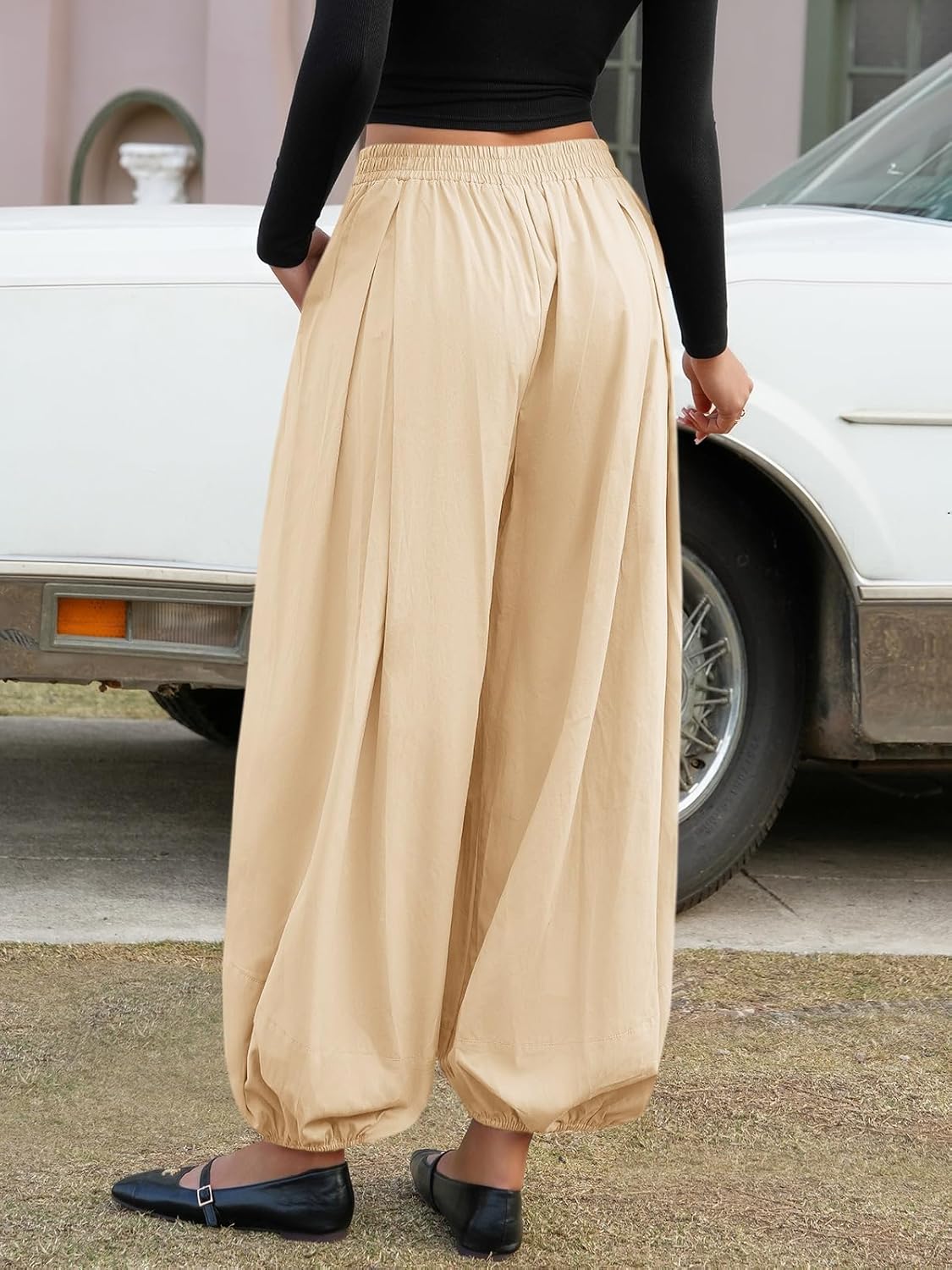 Fisoew Womens Wide Leg Balloon Pants Casual Barrel Elastic Waist Pleated Baggy Workout Sweat Pants with Pockets - Image 5