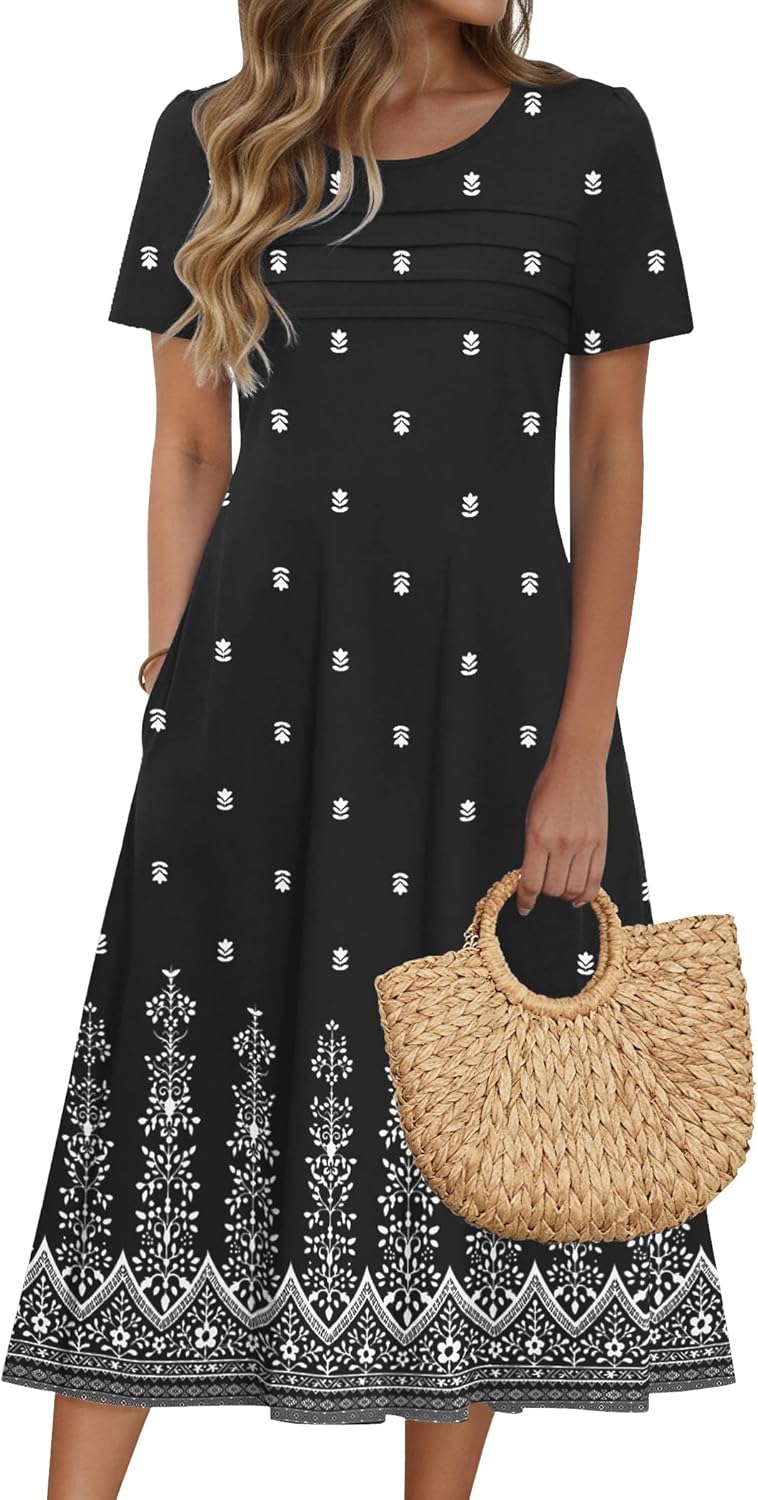 Zeagoo Womens Casual Dresses for Summer Short Sleeve Flare Midi Dress Loose Beach Sundress Pleated Front Dress with Pockets