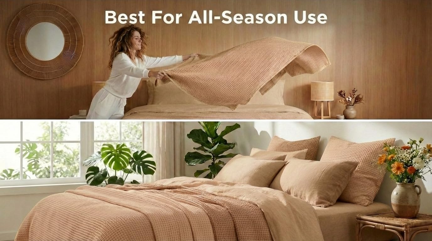 Cotton Waffle Weave Blanket Soft Woven Lightweight Breathable Bed Blanket Queen Size for Layering Any Bed, Couch Sofa,Home Decor All Season (Beige, 90" x 90")