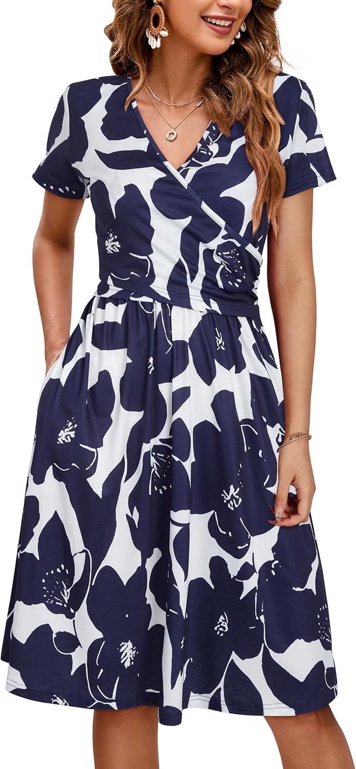 OUGES Maternity Nursing Dress Breastfeeding Short Sleeve V Neck Casual Pregnancy Clothes with Pockets