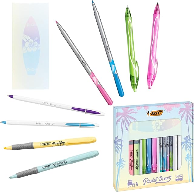 BIC Pastel Dream Kit - 3 Gel Pens/4 Felt Writing Pens/4 Highlighter Pastel Pens/4 Ball Pens/1 Notepad - Gift Box of 16, turquoise