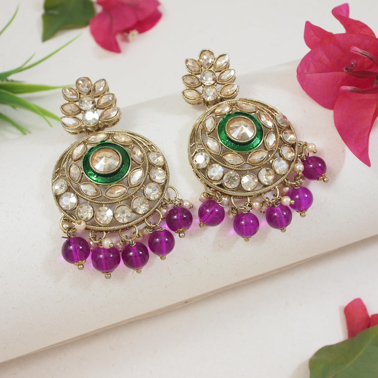 I Jewels Gold Plated Traditional Kundan Pearl Chandbali Earrings