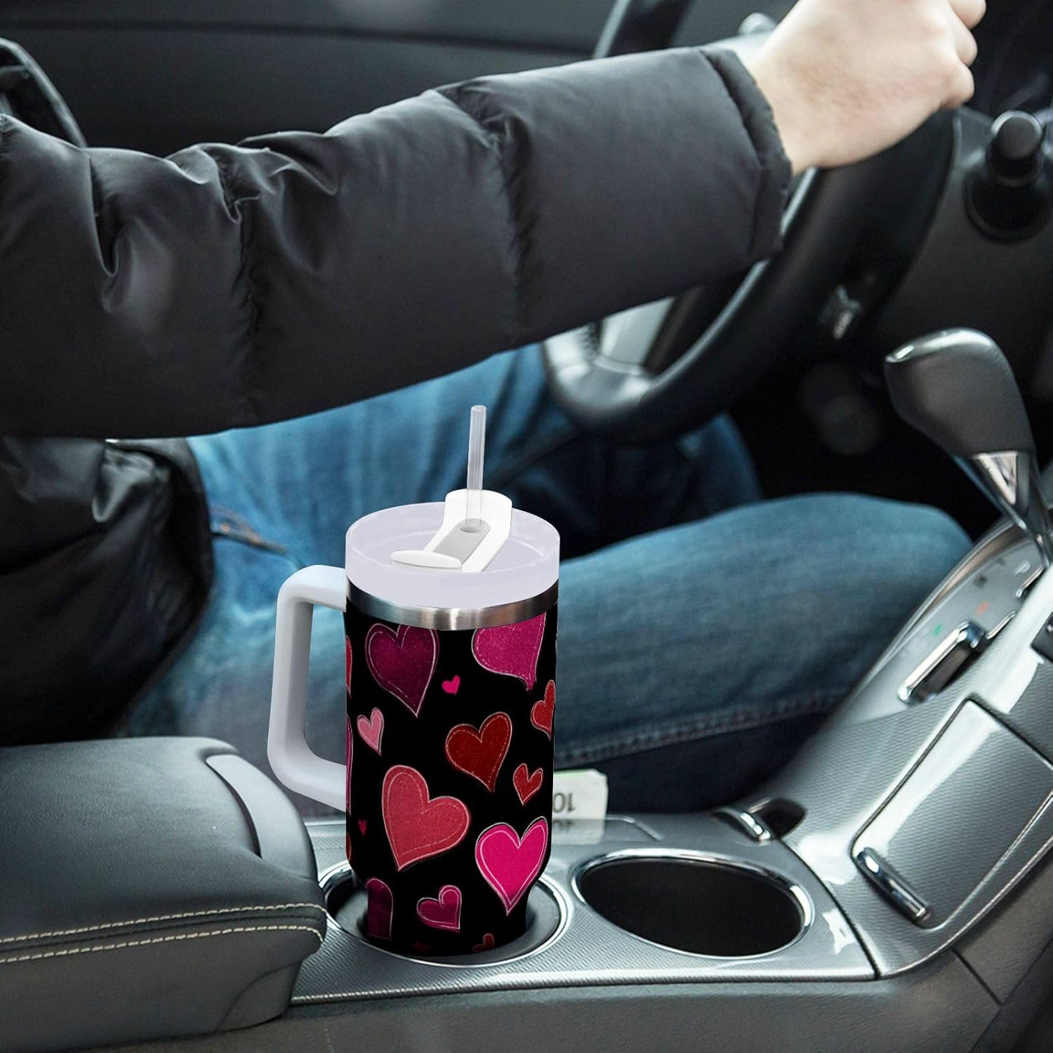 Boccsty Valentine's Day Pink Hearts Insulated Tumblers Reusable Stainless Steel Tumbler 40 oz Cup Coffee Travel Mug Water Bottle with Handle & Flip Straw for Home Office Car