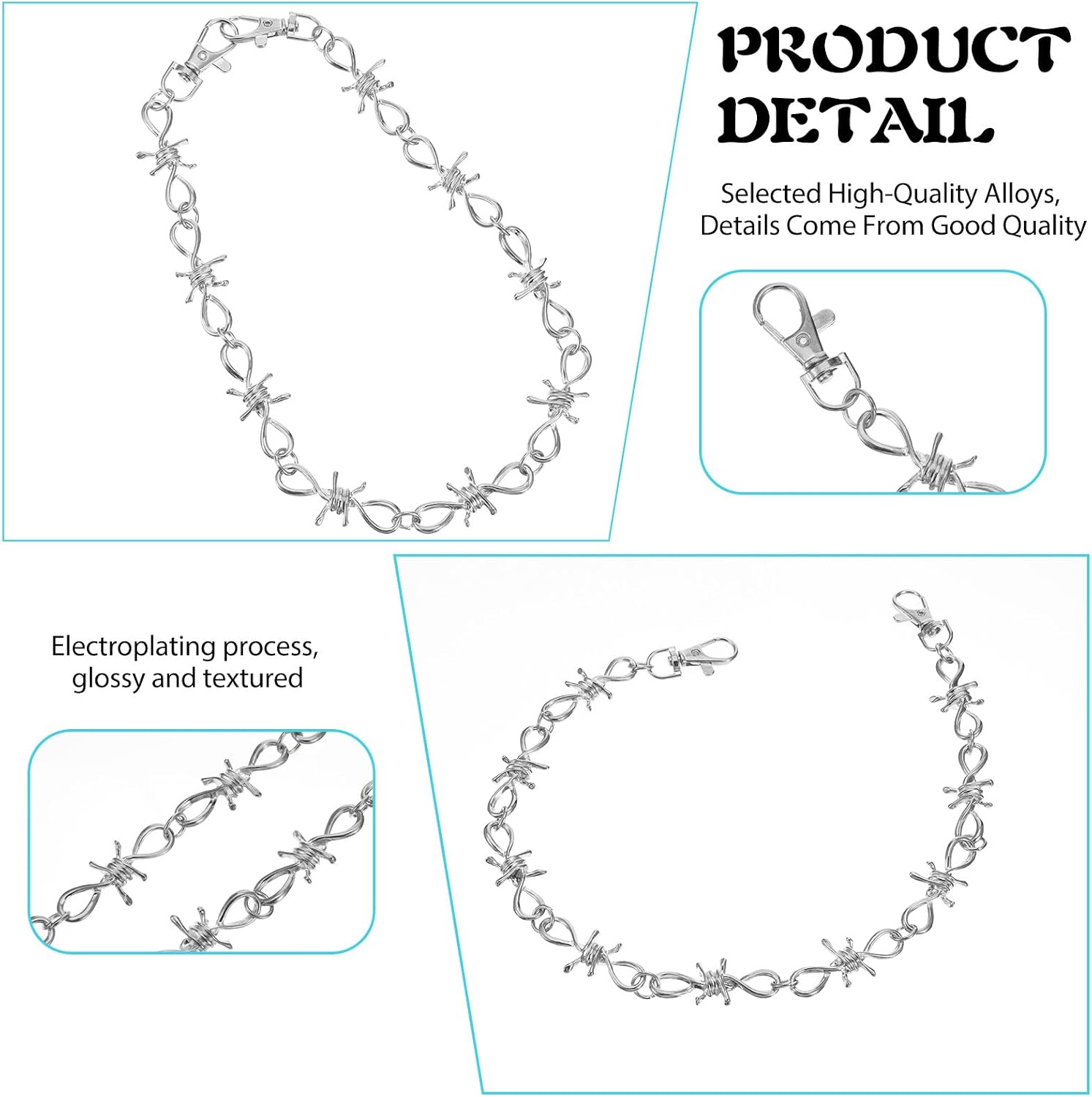 Thorn Pants Punk Belt Chain, Punk Pants Chain Barbed Wire Necklace Rock Hip Hop Thorns Wallet Biker Motorcycle Metal Jean Pocket Gothic Women Men (Sliver)