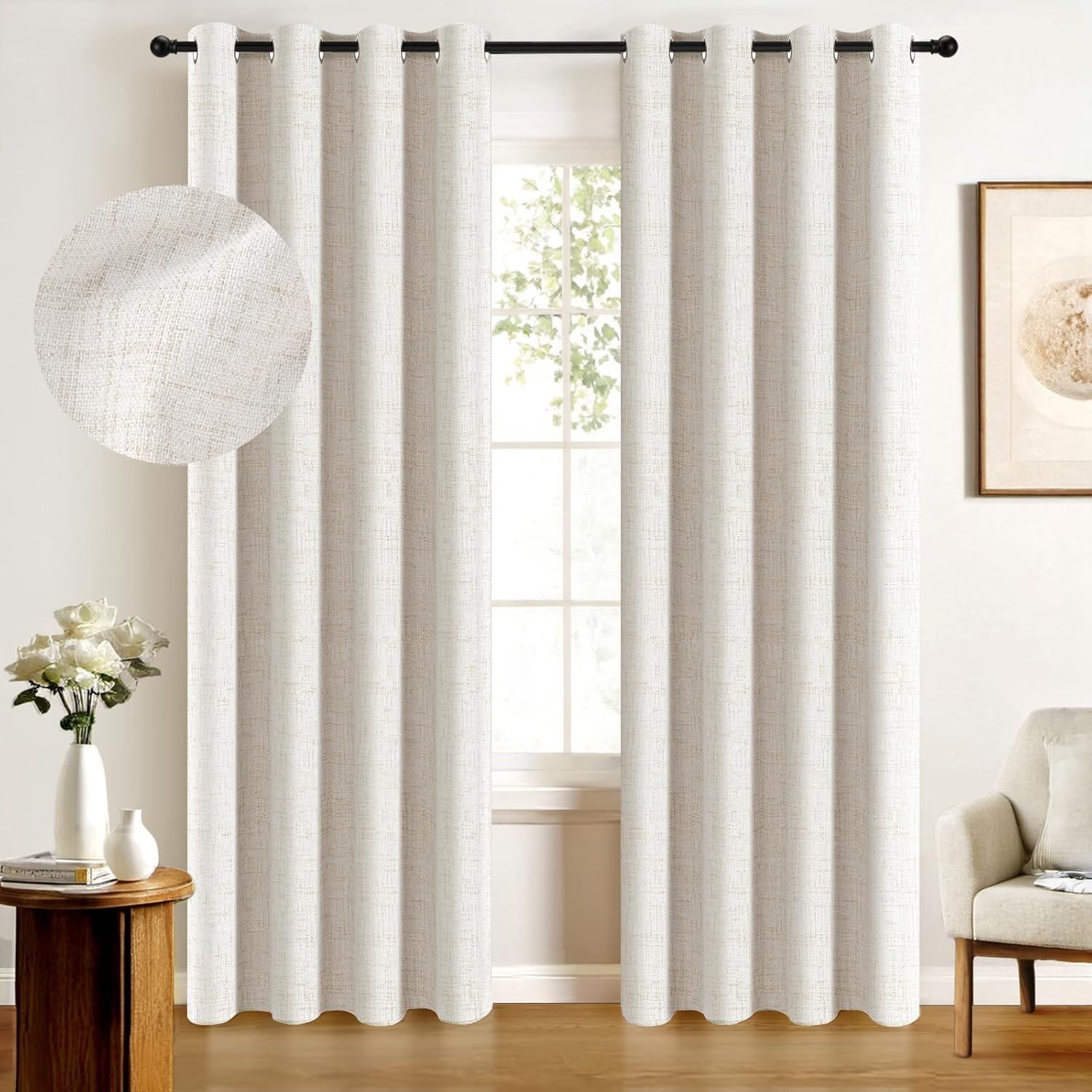 100% Blackout Curtains 96 Inches Long,Linen Blackout Curtains 96 Inch Length,Thermal Insulated Full Light Blocking Drapes for Living Rroom,(W50 x L96 1 Panel, Beige)