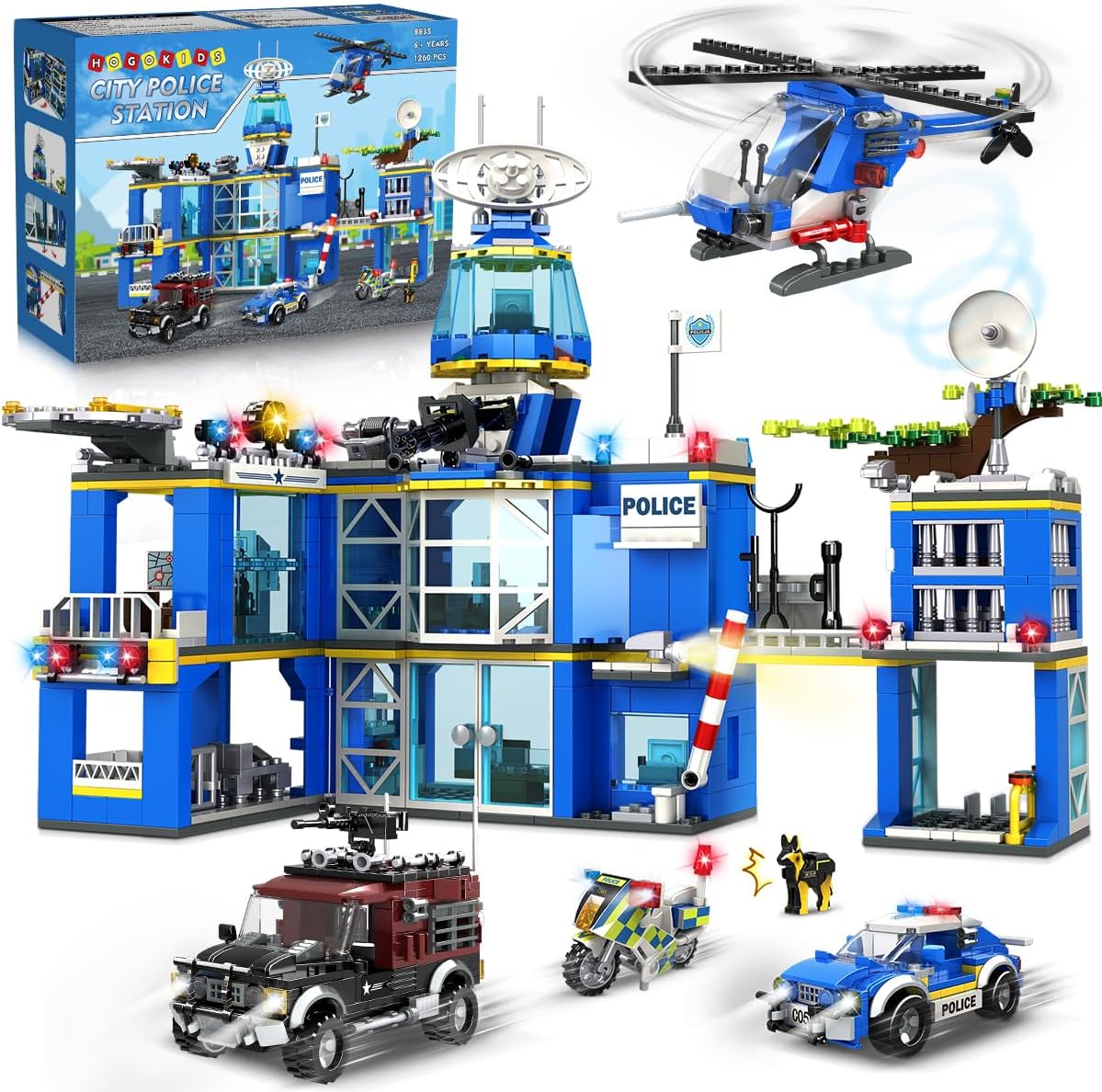 HOGOKIDSCity Police Station Building Set - 1260 PCS Police Building Block Toys with Helicopter Motorcycle Police Vehicle Bandit Car, STEM Police Construction Toy for Kids Boys Girls Ages 8-12+ Years