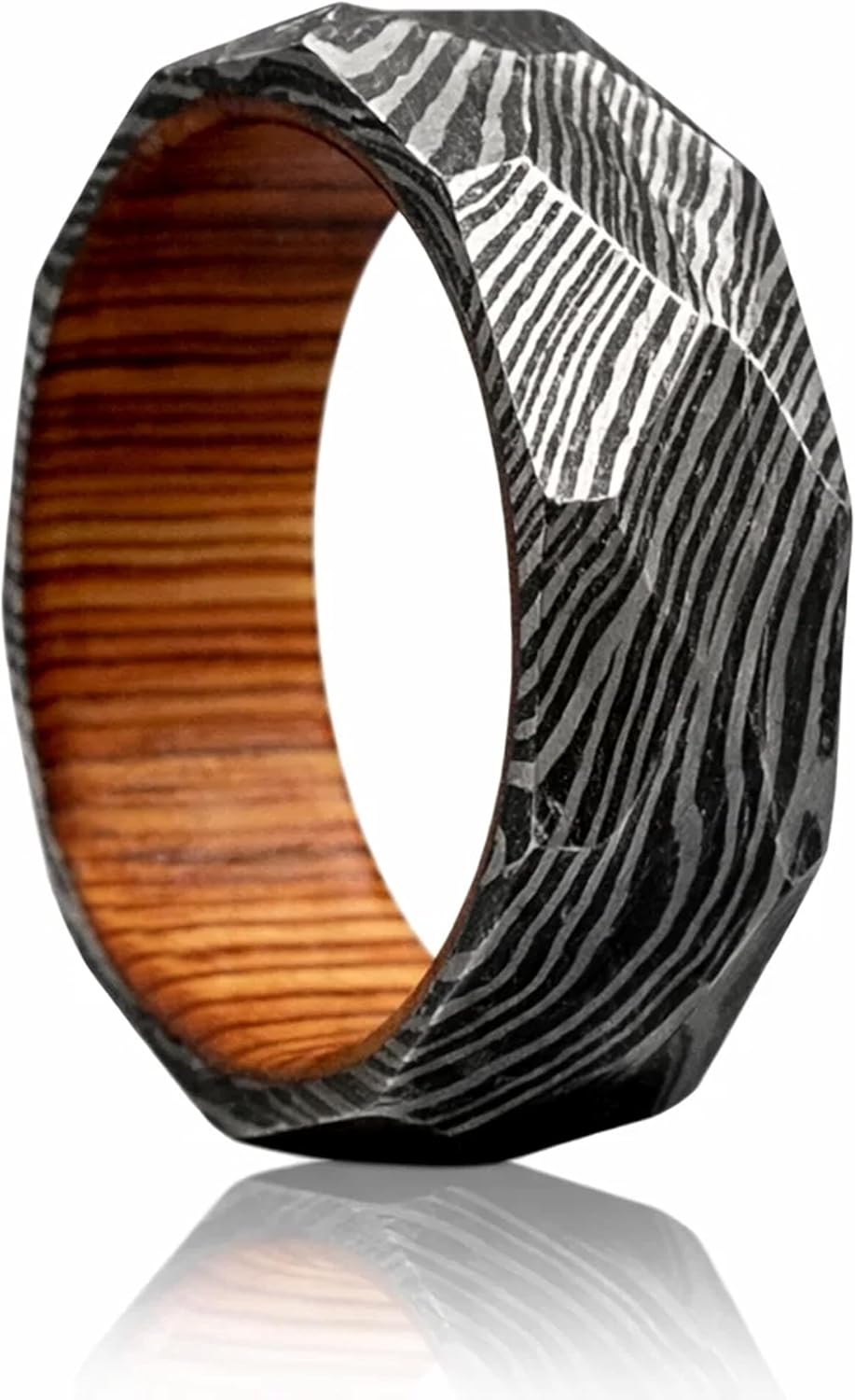 SIGNATE Handmade Damascus Steel Ring for Men - Unique Rustic Ring for Birthdays, Anniversaries or Weddings - Premium Steel with Wooden Inner Lining - Ideal Christmas Gift for Him