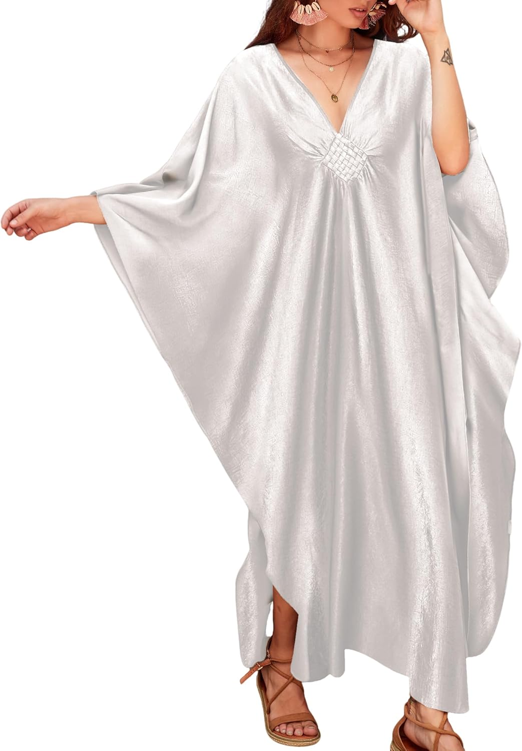 Bsubseach Women White Kaftan Dress Batwing Sleeve Plus Size Swimsuit Cover Up Maxi Caftan Dresses