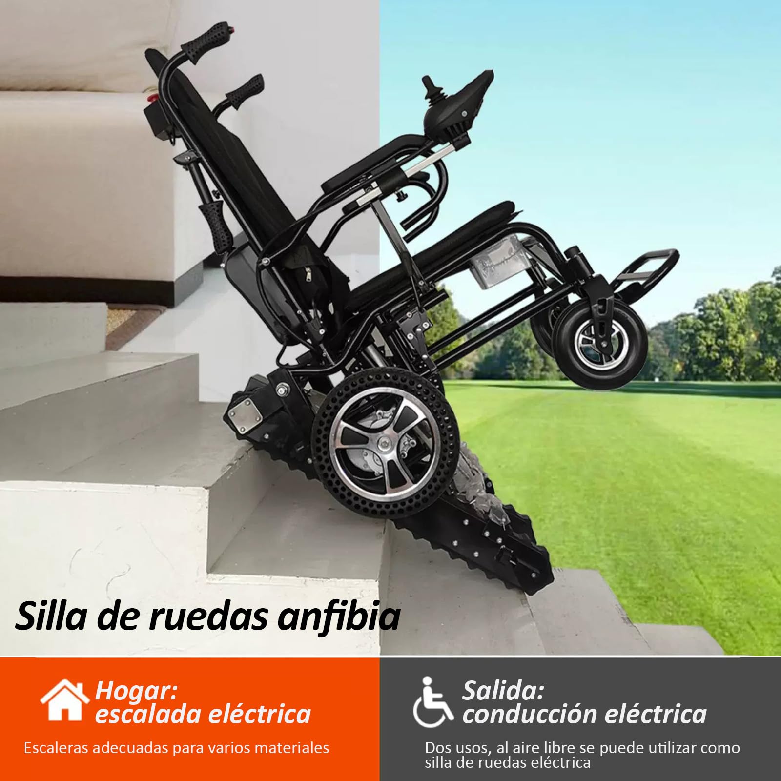 Silla Salvaescaleras Eléctrica 190kg, Batería 18Ah (50 Pisos), Plegable | Freno electromagnético activo, motor Brushless 200W, autonomía 15km, respaldo reclinable, apta para escaleras rectas