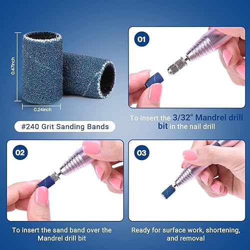 Miniatura 228 de MelodySusie 100 unidades de brocas de uñas, bandas de lijado para taladro de uñas, 120 bandas de lijado de lima de uñas de grano medio para uñas