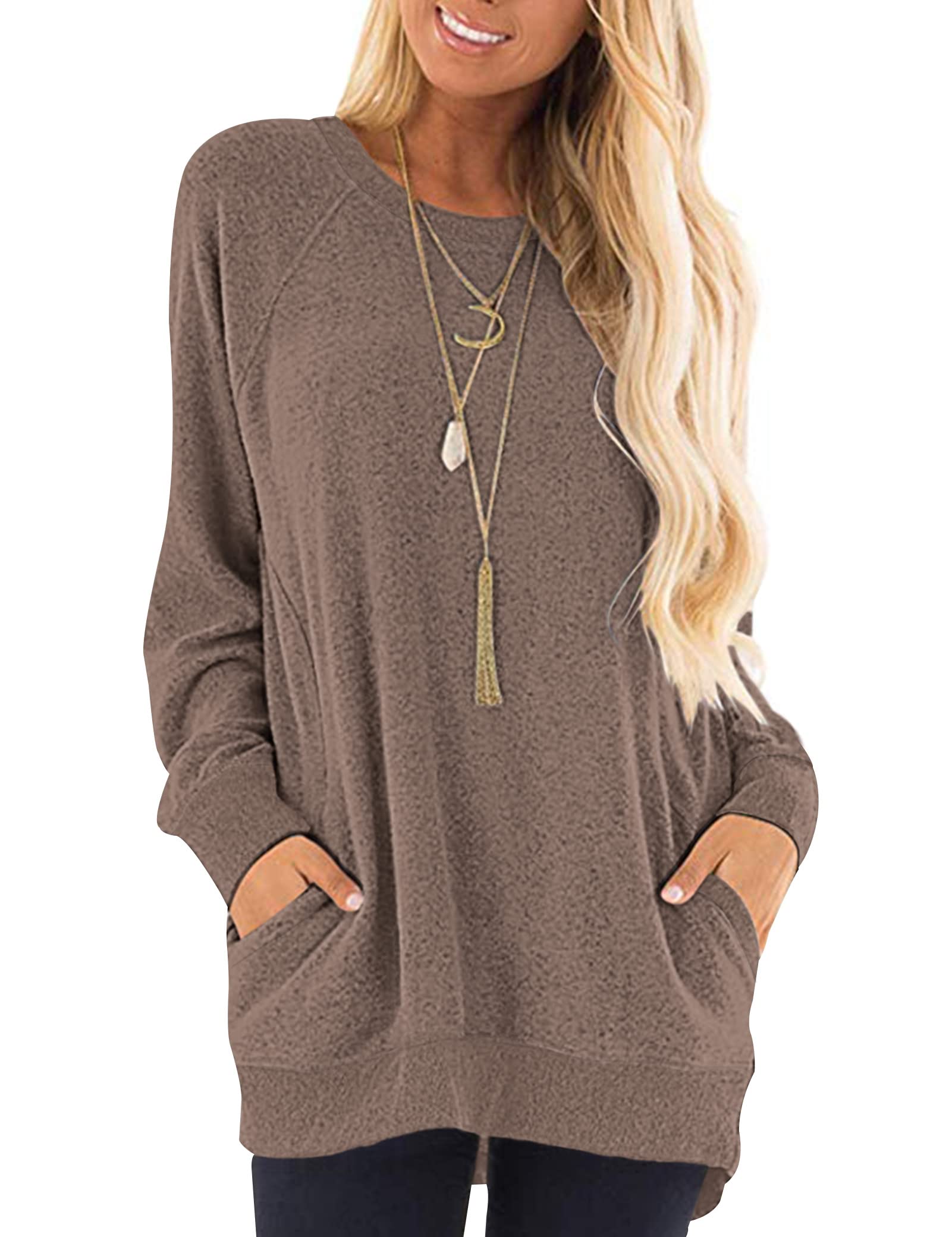 AUSELILY Long Sleeve Tops Women Round Neck Casual Jumpers Blouses Autumn Sweatshirts with Pockets Coffee 2XL