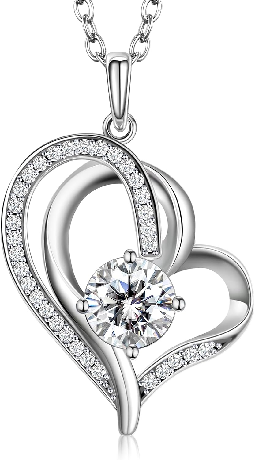 NORBU Moissanite Necklace for Women, 1 CT D Color VVS1 Clarity Round Cut, 925 Sterling Silver Heart Necklace with 18K White Gold Plated, Jewelry Gift for Wedding Anniversary Birthday Christmas Valentine's Day