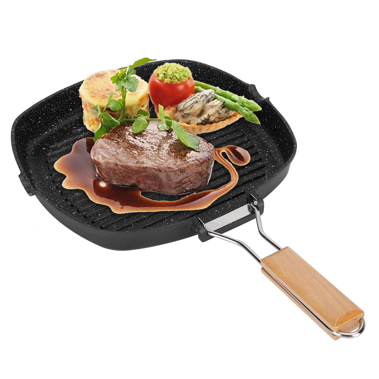flexman Antiadherente Grill Pan, Multi Purpose Square Steak Fridge Pan con Maniglia Pieghevole in Legno, Grill Skillet Steak Pan per Stufa a Induzione, Stufa a Gas Generale