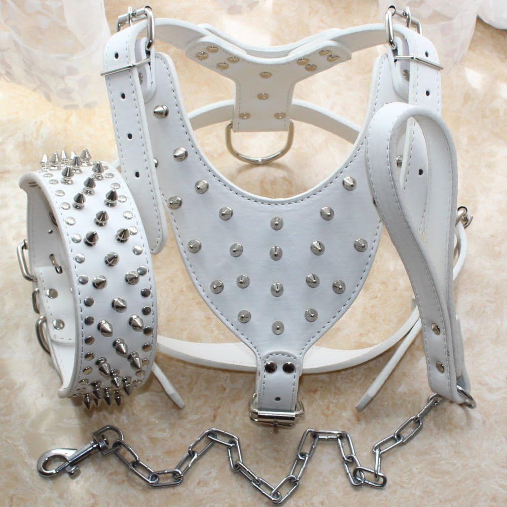 Gray Leather Dog Harness Collar Leash Set Spikes Studs Big Dog Pitbull Doberman Harness&Collar&Leash Colour:White Collar Size:Small 15-18"