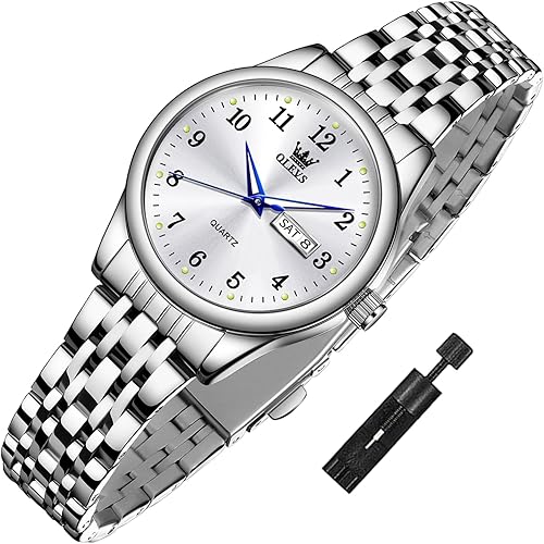 OLEVS Women Watches Date and Day,Ladies Watches with Silver Gold Stainless Steel,Elegent Female for Small Wrist Watch(White/Black/Blue/Gold Face)