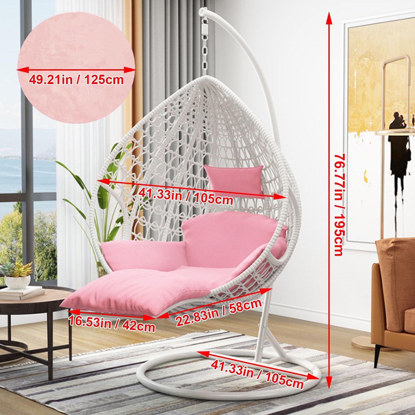 Krzesło wiszące, syntetyczny rattan ze stalową ramą, grube poduszki, idealne na patio, balkon, do siedzenia ogrodowego, wygodne, trwałe i stylowe