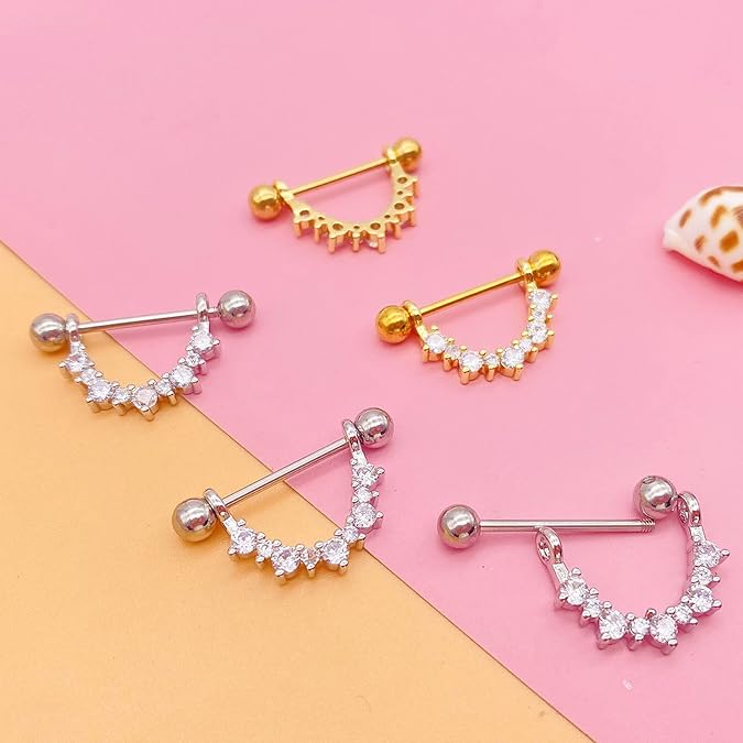 14G Stainless Steel Nipple Rings CZ Flower U-Shape Straight Barbell Bars Body Piercing Jewelry