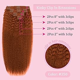 Copper Kinky Straight Clip in Hair Extensions Real Human Hair 110g 8pcs 18clips Human Hair Clip ins Double Weft Brazilian Clip Ins Human Hair for Women (350 18inch)