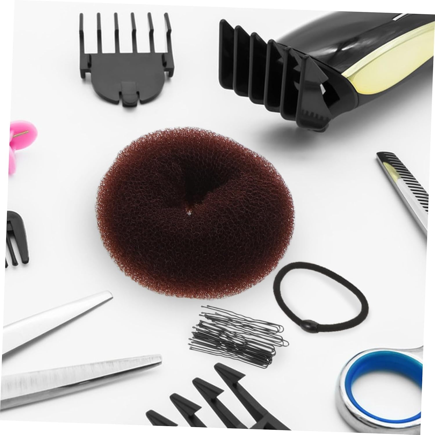 LABRIMP Donut Hair Bun Maker Set for Women with Stretchy Invisible Hair Nets and Hairpin, Reusable Metal and Nylon Bun Shaper for Easy Elegant Styling in Casual Styles and Social Events