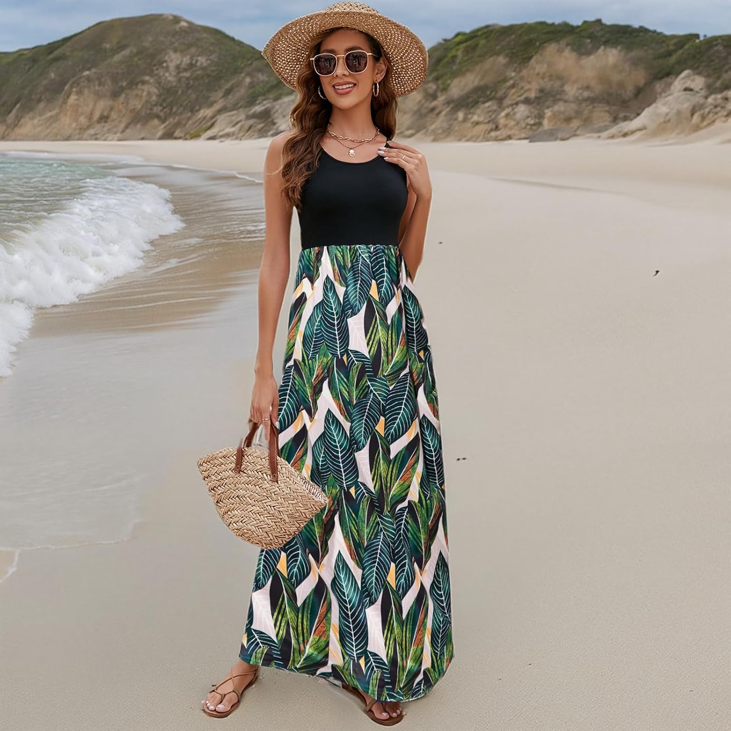 Sherosa Women's Summer Sleeveless Boho Floral Maxi Dresses Chevron Striped Casual Tank Flowy Long Sundress Beach Vacation - Image 5