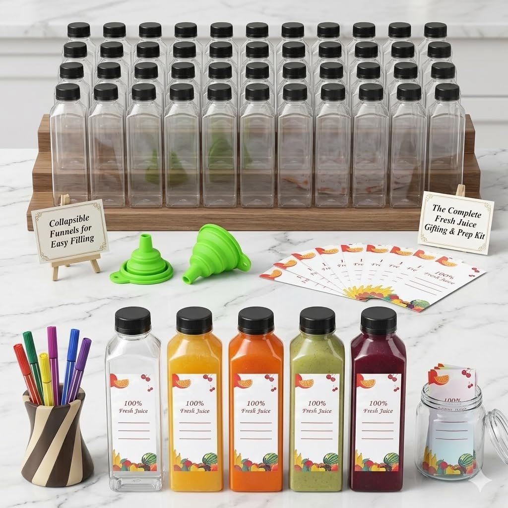 OBKJJ 80pcs 24oz Juice Bottles, Juice Bottle with Caps Reusable Empty Clear Bottles with Label, Funnel, Brush Bulk Beverage Containers for Juicing, Drinking, Smoothie and Other Beverages (24oz)