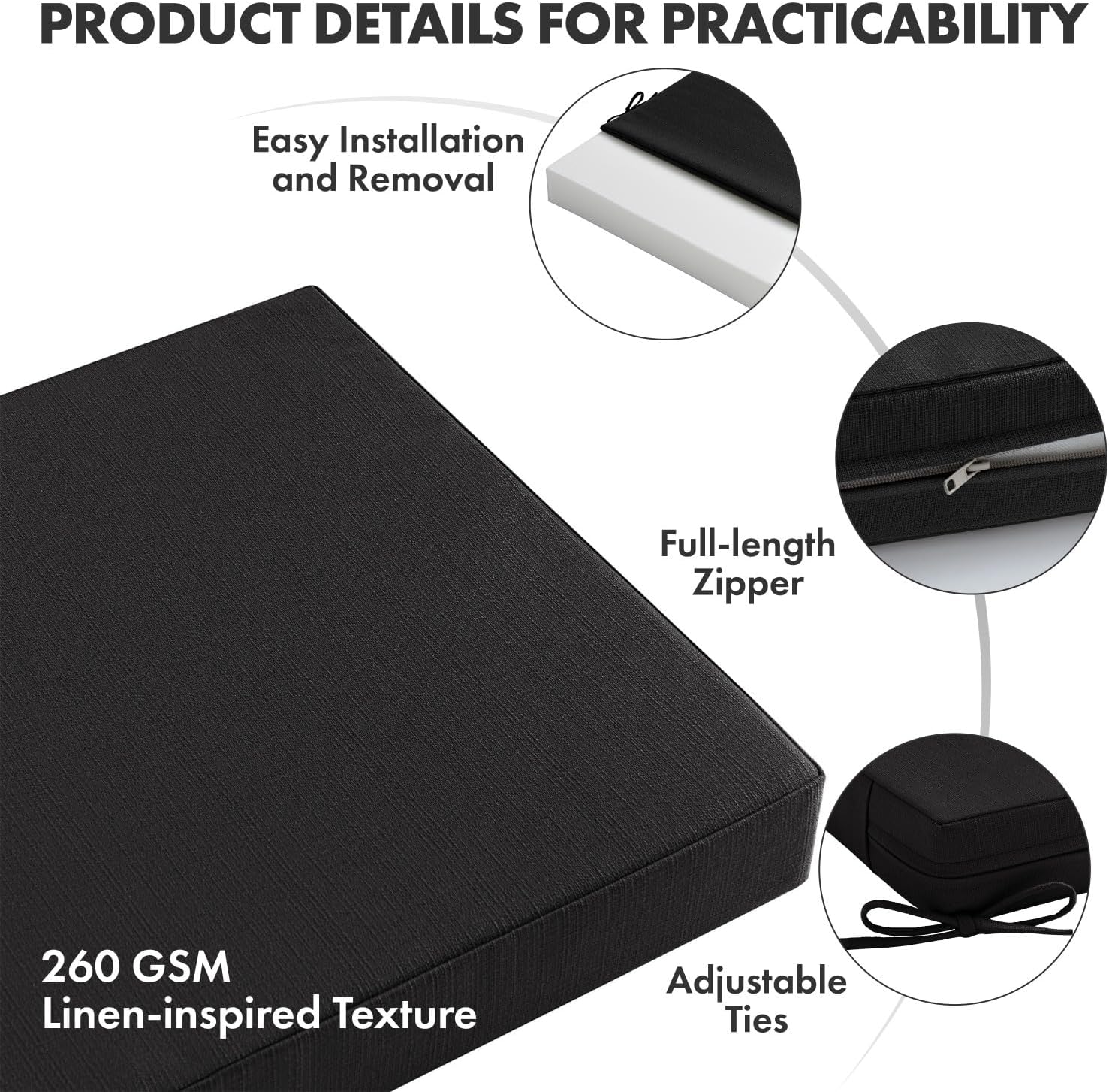 MIULEE Black Outdoor Dining Cushion 20x20 Inch Waterproof & 3 Year Color Fastness Deep Seat and Back Cushion for Patio Furniture Chair with Ties