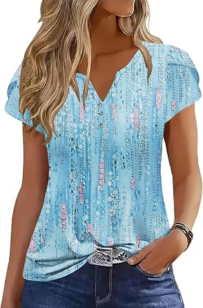 Womens Tops 2026 Summer Ladies Tops Pleated Tunic Dressy Casual Blouse | ETCYY Trendy Tops, Petal Short Sleeve T Shirts, Striped Floral, Loose Button Down, V Neck Dressy Tops, Summer Clothes