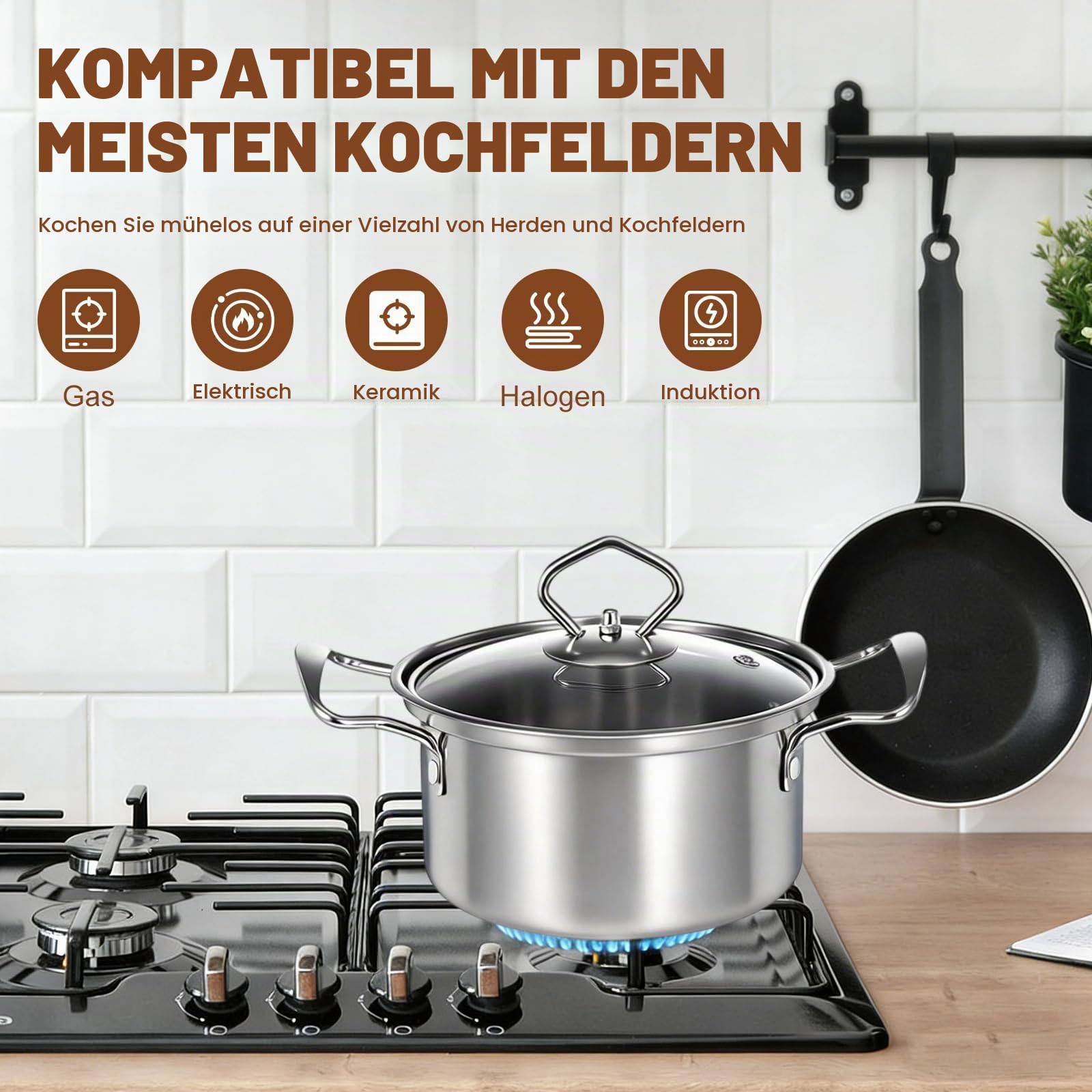 Topfset Induktion 10-Teilig, Topfset aus Edelstahl mit Glasdeckel und Stielkasserolle, Induktions Töpfe set, für alle Herdarten, unbeschichtet,Induktion Topf Kochtopf Set,Silber