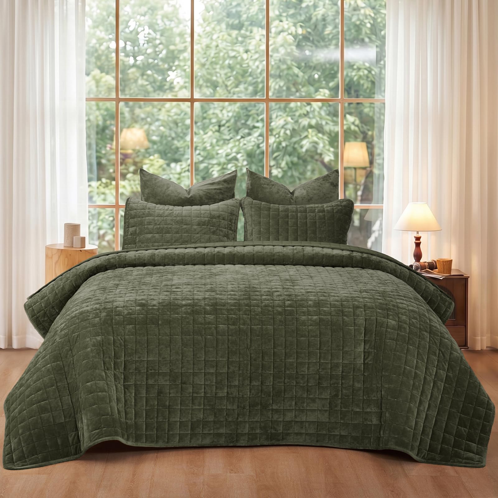 PHF Luxurious Velvet Quilt Set Queen Size - 3PCS Super Soft Quilted Comforter Alternative with Square-Box Quilt Pattern, Warm Quilted Bedspread Coverlet, 90" x 92", Smokey Olive