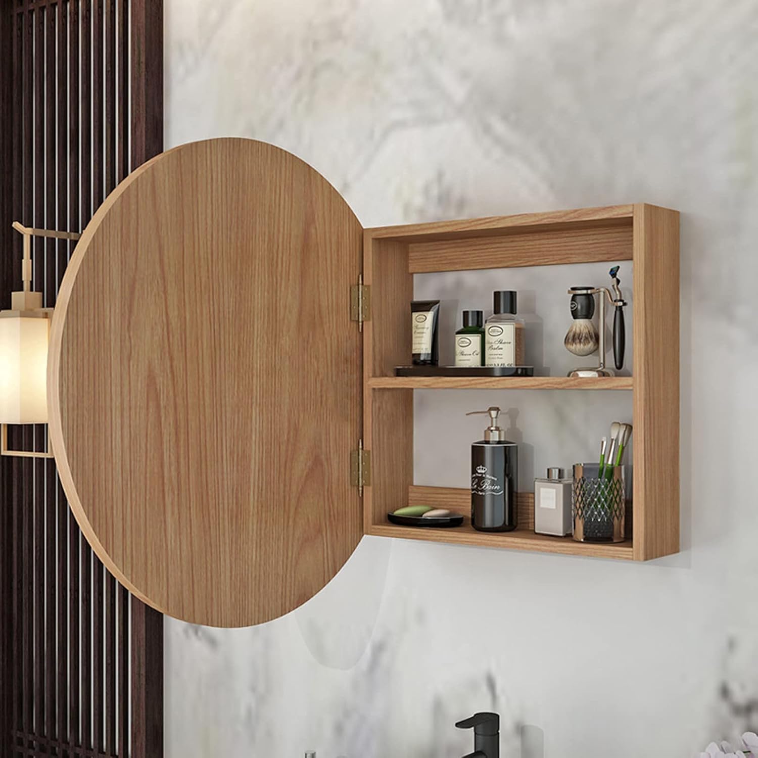 Round Mirror Bathroom Cabinet Wall Storage Shelves Mirror Cabinet Bath Wood Medicine Cabinet Organizer 2 Tier-a