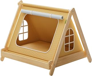 Foldable Wooden Pet Tent Bed for Small Dogs & Cats, Elevated Indoor Pet House with Cushion, No Assembly Required, Stable Triangle Frame, Oxford Fabric Covered Cozy Pet Shelter Furniture Style