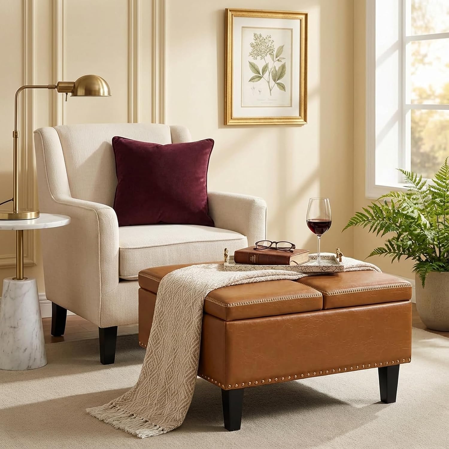 AKMAKM 31.5" Faux Leather Square Ottoman with Storage Brown | Large Lift Top Coffee Table Footstool for Living Room with Padded Cushion & Elevated Wood Legs