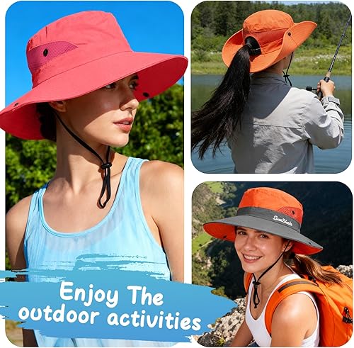 Miniatura 6 de ZOORON Sombrero de safari para cola de caballo para mujer, ala ancha, protección UV, sombrero de cubo al aire libre, sombrero de pesca plegable para