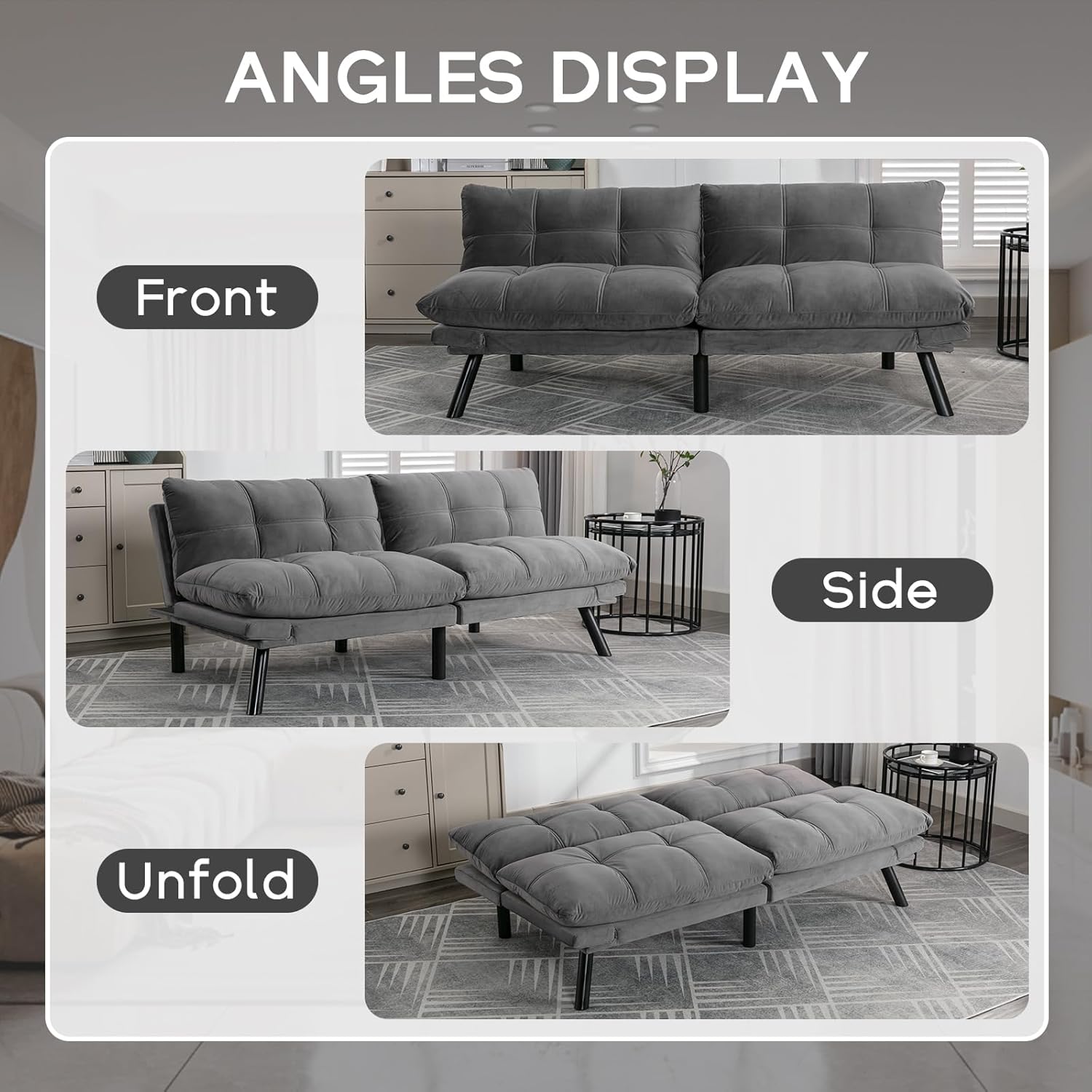 70.87'' Futon Sofa Bed, Velvet Upholstered Convertible Sofa Bed with Adjustable Armrests and Backrest, Button Tufted Sleeper Sofa Bed with Iron Legs, Fold Sofa Bed (Light Grey)