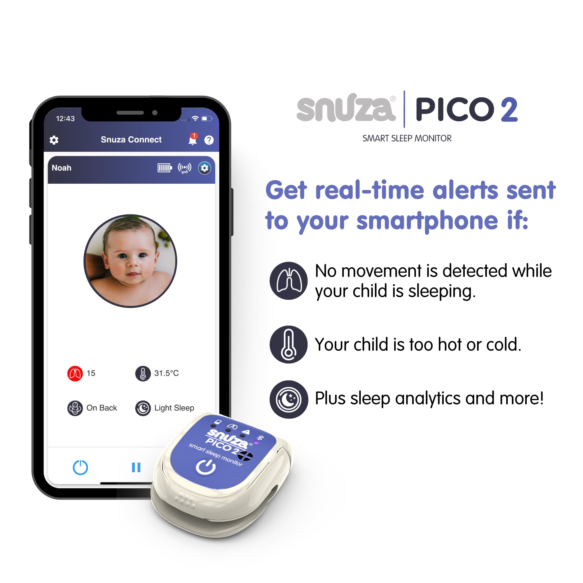 Snuza Pico 2 - Smart Sleep Monitor, Blue and white - Image 4