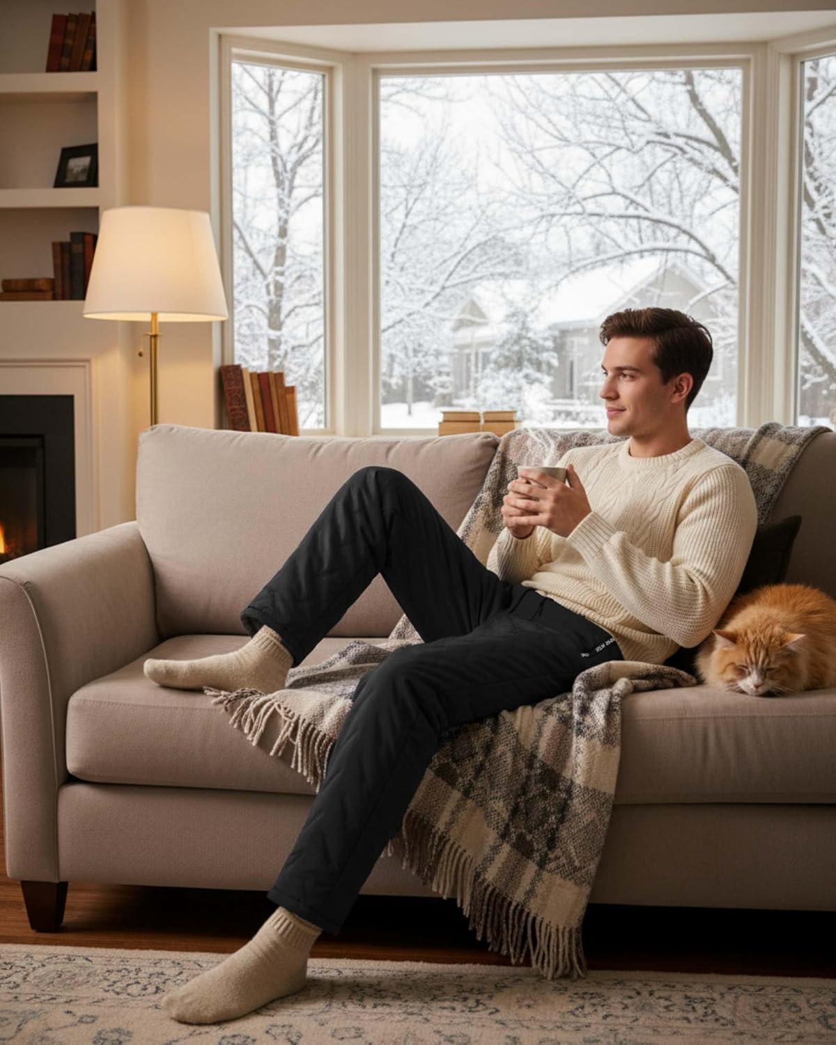 1 Pcs Fleece Lined Pants Men Sherpa Lined Sweatpants Windproof Track Joggers Snow Winter Thermal Pants with Zipper